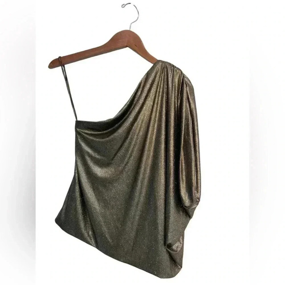 Alice + Olivia One Shoulder Top Hannah Gold Sparkle Glitter Size Small - Picture 8 of 11